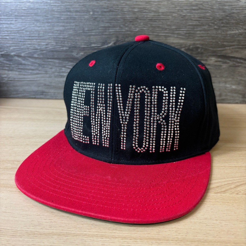 New York Hat Cap Snap Back‎ Black Red Bedazzled Adjustable